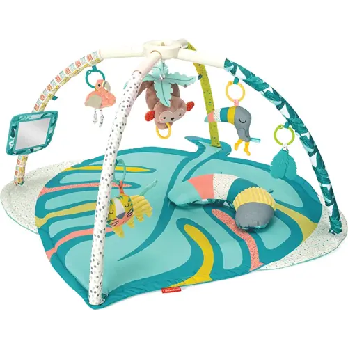 Infantino 4-in-1 Deluxe Twist & Fold Activity Gym & Play Mat, Tropical - Includes linkable Toys, Musical Monkey, Mirror and Bolster Pillow, for Newborns, Babies and Toddlers