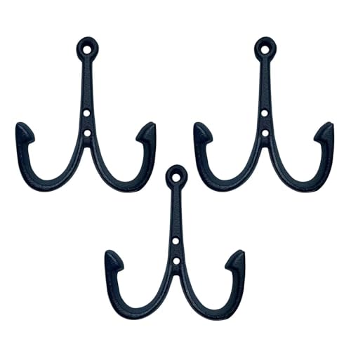 Nautical Fish Hook Wall Hooks for Beach Towels, Coats and Keys | Solid cast iron, black powder-coated, 3 pack; 6 screws and plugs included; coastal lake house and beach decor