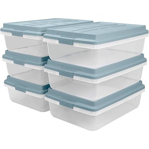 Hefty HI-RISE 40 Qt Stackable Storage Bins with Lids – 6 Pack Clear Plastic Under Bed Storage Containers, Shoe Organizer Boxes with XL Lid-Locking Latches, Comfort-Grip Handles, Durable Double Rim