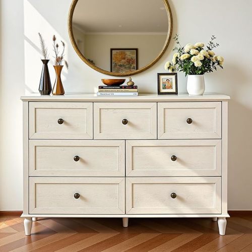 White 7 Drawer Dresser, Double Dressers Chests with Vintage Handles, Solid Wood Chest of Drawers, Long Dresser TV Stand for Bedroom, Modern Storage Cabinet for Living Room & Nursery