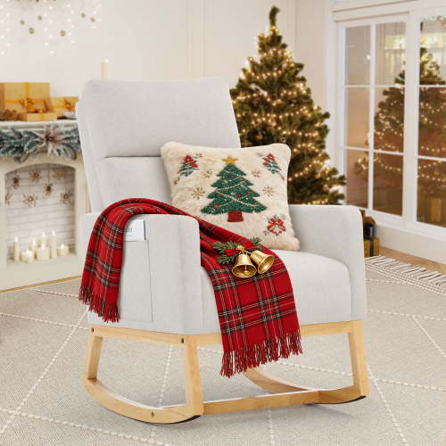 SAETSFEG Rocking Chair Nursery, Comfortable Upholstered Glider Rocker Chairs Indoor for Adults, Mid-Century Modern Nursing Accent Rockers for Living Room, Bedroom, Ivory