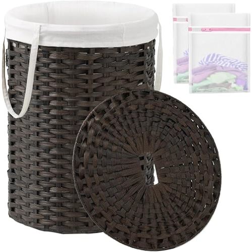 SETVSON Laundry Basket with Lid Round Rattan PE Laundry Hamper, Brown