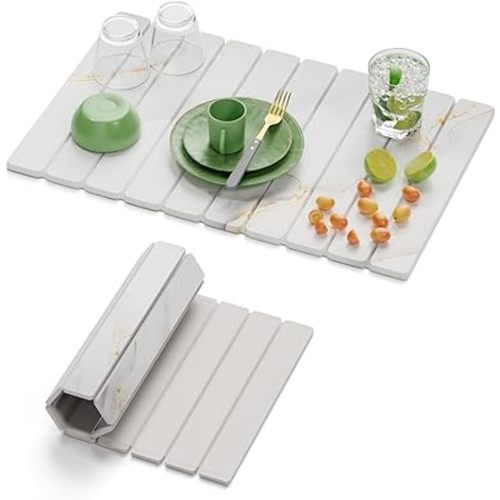 Stone Drying Mat for Kitchen Counter, Large Quick Dry Stone Mat, Collapsible Diatomaceous Earth Mats for Dishes Bottles Cups, Fits Any Countertop,23"×15.3",White gold