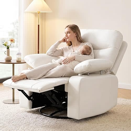 Nursery Glider Recliner with Adjustable Armrests, Oversized Comfortable Nursing Chair for Breastfeeding Moms, 360°Swivel, 90°-160° Recline, Quiet Rocking Chair Nursery for Living Room, White