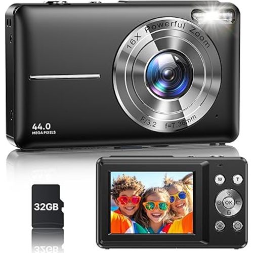 Digital Camera, Latest FHD 1080P Digital Camera for Teens with SD Card Anti Shake Point and Shoot Cameras Portable 16X Zoom Compact Small Cameras for Kids Boys Girls Seniors with Wrist Strap
