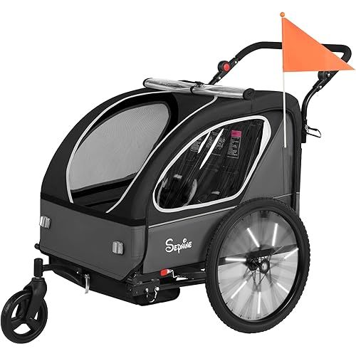 Sepnine Kids Bike Trailer, 2 in1 Canopy Carrier Converts to Pushcart Suitable for 1 to 2 Toddlers, Kids, Quick Attach to Bike, Foldable, with 5-Point Harness and Storage Bags