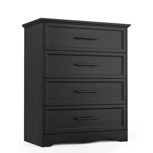 YANSNWO Black 4 Drawer Dresser for Bedroom, 36" Tall Chest of Drawers | Brushed Metal Handles, Unique Base Design, Replicated Wood Grain Finish, Modern Farmhouse for Bedroom/Living Room/Hallway