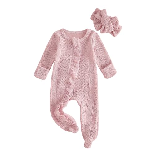 Infant Baby Girl Fall Outfit Romper Footies Solid Color Frills Ruffle Trim Jumpsuit Bodysuit Newborn Winter Clothes