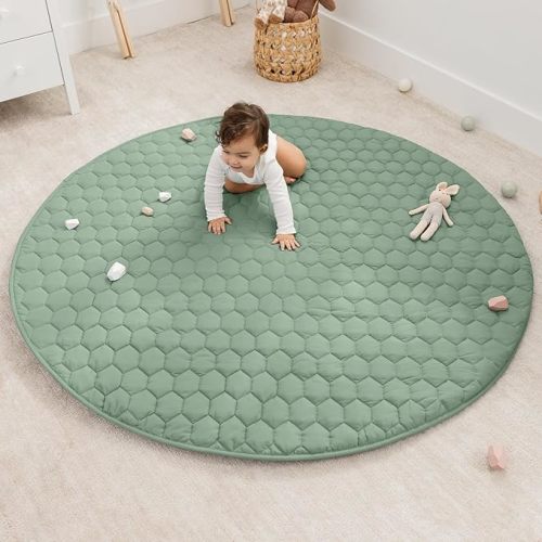 Comfy Cubs Round Kids Play Mat - Large 60 inches Soft Quilted Baby Floor Mat with Non-Slip Bottom - Plush Design for Toddlers' Playtime - Comfortable and Durable - Fern