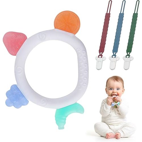Baby Teething Toys with Silicone Pacifier Clip, Silicone Teether BPA Free, Teething Relief, Chew Toy for Sore Gums, Easy to Hold for Babies 3-6, 6-12 Months (4-Pack)