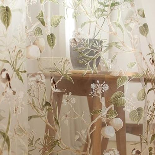 Vintage Bird Sheer Curtain Rod Pocket Floral Tulle Curtain W55 X L84 Inch