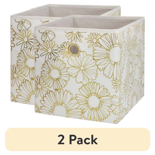 (2 pack) Mainstays Gold Metallic Collapsible Fabric Cube Storage Bin with Metal Grommet Handle