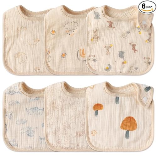 Zainpe 6Pcs Snap Muslin Cotton Baby Bibs Rabbit Bear Sheep Pattern - Beige Color Bibs