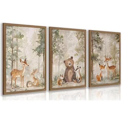 Clicyre Woodland Animal Wall Art Set of 3, Teddy Bear Nursery Wall Decor, Cute Deer Fox Bear Canvas Prints, Rustic Wildlife Forest Artwork for Boys Girls Nursery Bedroom Playroom Wood Framed 12x16 Inch