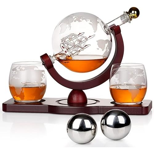 PONPUR Gifts for Men Dad Christmas, Whiskey Decanter Globe Set with 2 Ball Stones & 2 Glasses, Anniversary Birthday Gifts for Him Husband Boyfriend Brother, Cool Stuff Gift for Bourbon Scotch