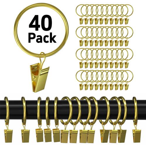 Emlimny Curtain Rings with Clips Hooks 1 inch Rustproof Stainless Steel 40 Pack