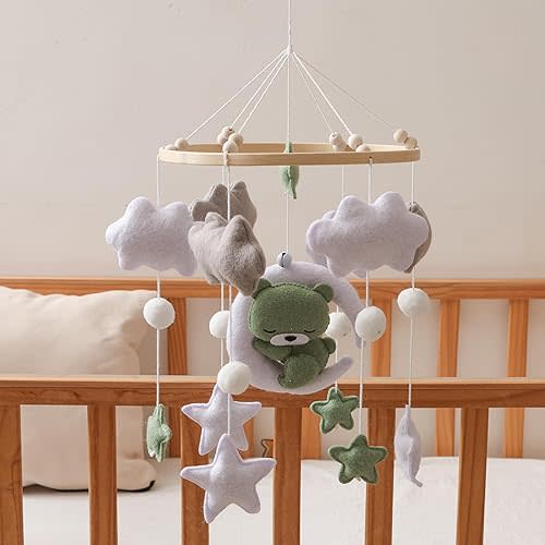 EERKEOD Baby Crib Mobile Bear Nursery Mobile for Boys Girls Teddy Velvet Mobile Nursery Decor for Infant Bedroom Hanging Baby Mobile for Bassinet Newborn Baby Gift(Brown Bear) (Green)