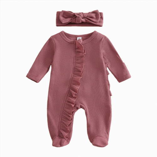 Gvdentm Newborn Infant Girl Footies Romper 3 Months Solid Color Frills Baby Jumpsuit Zip Up Onesie Clothes Headband(Wine,0-3 Months)