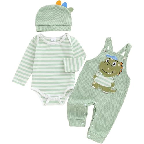Baby Boy Clothes Set Infant Striped Long Sleeve Bodysuit Top Animal Suspender Pants Hat Newborn 3Pcs Fall Outfit
