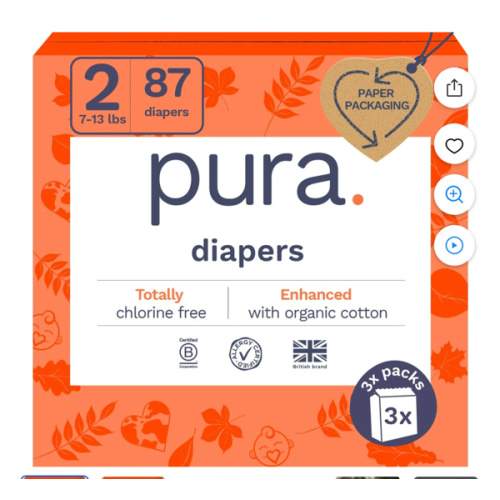 Pura Hypoallergenic Diapers, Size 2 (7-13 lbs) Totally Chlorine Free, Wetness Indicator, Suitable for Sensitive Skin, Soft Organic Cotton, Overnight, 3 Packs of 29 (87 Baby Diapers)