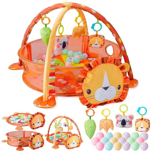 Towond 4-in-1 Baby Play Gym & Activity Mat, Lion Theme Tummy Time Play Center with Soft Ball Pit & Play Fence, Hanging Sensory Toys for 0-36 Months Infant Motor Skills Development