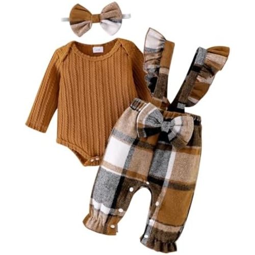 Baby Girl Clothes Newborn Suspender Overalls Long Sleeve Ribbed Romper Fall Winter Outfits Bow Headband 0-18 Months