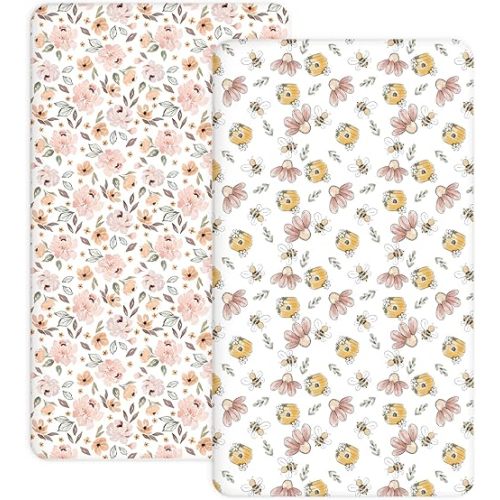 Crib Sheets for Boys Girls, 2 Pack Jersey Knit Fitted Crib Sheets for Standard Toddler Mattress 28"x 52", Soft and Breathable Baby Bedding (Crib Sheet, Blossom & Buzz)