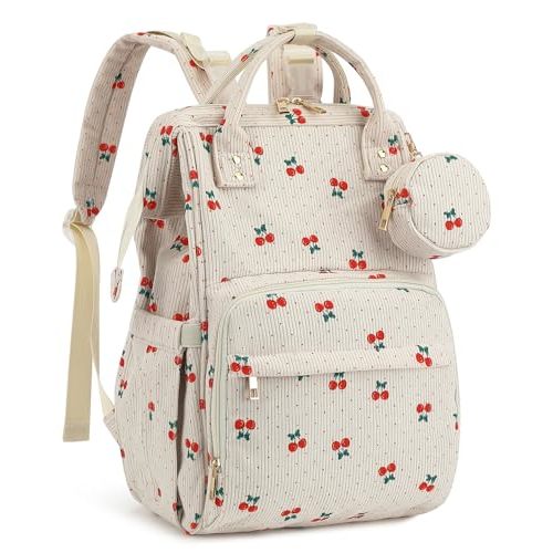 Corduroy Diaper Bag Backpack, Large Capacity Multifunction Baby Diaper Bags for Women, Insulated Bottle Pockets & Pacifier Case, Stylish Travel Nappy Changing Bags for Mom Dad (Cherry)