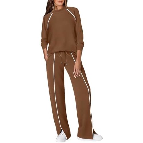WIHOLL Lounge Sets for Women 2 Piece Fall Outfits 2025 Wide Leg Pant Matching Sets Womens Clothing