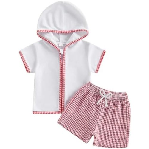 Toddler Baby Boy Girl Swim Cover Up Towel Terry Zipper Hooded Tops Seersucker Gingham Shorts Set Bathing Suit Coverup