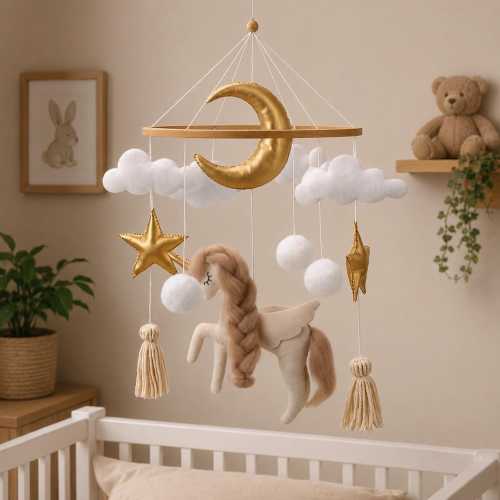 Boho Unicorn Baby Mobile for Crib – Handmade Neutral Nursery Decor with Moon & Stars – Felt Unicorn Cot Mobile for Baby Girl Shower Gift