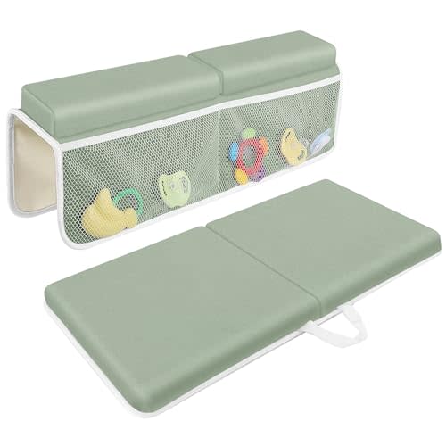 JJGoo Bath Kneeler with Elbow Rest Pad Set, 1.5 inch Kneeling Pad Mat for Bathtub Baby Bathing Parents, Painless Foam Mat with Toy Organizer Pockets, Non-Slip for Baby and Toddler Bathing
