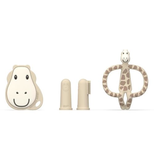 Matchstick Monkey Teething Starter Set – 1 Flat Face Teether, 1 Animal Teether, 2 Silicone Finger Toothbrushes, BPA-Free, Multisensory Relief, Fine Motor Development, 3+ Months, Gigi Giraffe