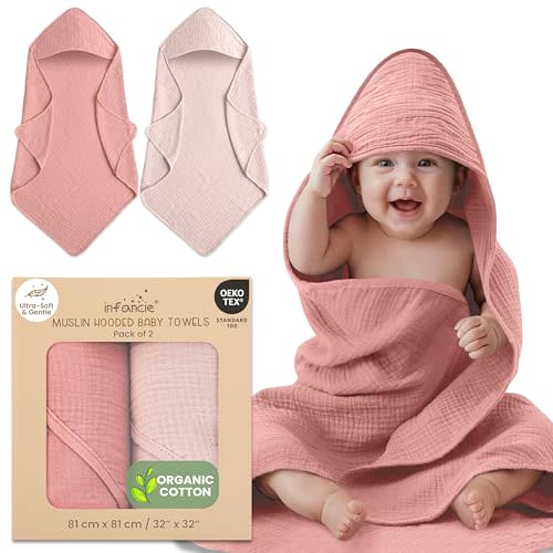 infancie 100% Organic Cotton Muslin Baby Hooded Towels 32x32 Inch – 2 Pack Soft & Absorbent Baby Towels for Newborn for Boys & Girls, Premium Hooded Towels, Ultra-Gentle Baby Essentials in Rose/Peach