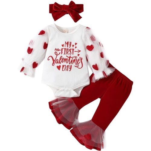 Springcmy Baby Girl My First Valentines Day Outfit Long Sleeve Romper Tops+ Flare Bell Bottom Pants+Headband 3Pcs Clothes Set