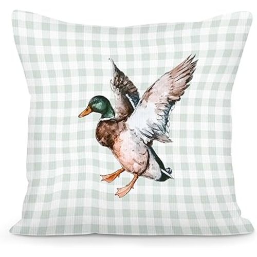 Vintage Mallard Duck Nursery Throw Pillow Covers 18x18, Sage Green Plaid Cottage Core Decor Pillow Cover Cases, Hunting Nursery Farmhouse Decor Cushion Cover Pillowcases for Girls Boys Room