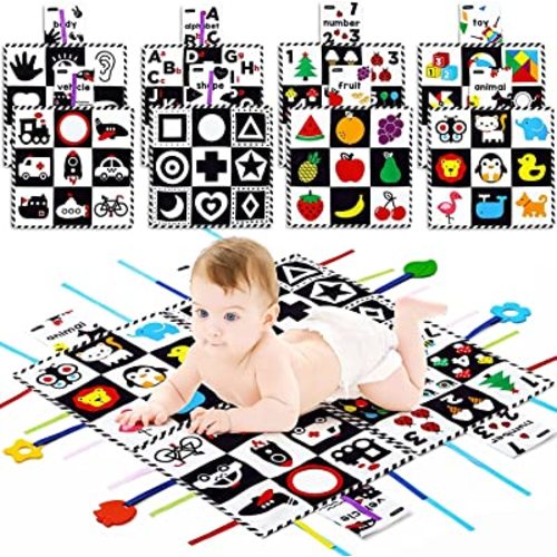 beiens Tummy Time Black and White High Contrast Crinkle Toys with Mirror Teether, Toys for 0-6-12-18 Months Toddler Newborn Baby, Sensory Play Mats, Baby Gifts for Boy Girl