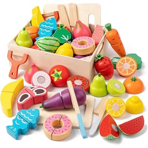 Wooden Play Food for Toddlers - 34Pcs Velcro Fruit and Veggies with Basket & Chopping Board, Play Food Sets for Kids Kitchen Accessories, Cutting Fruit Set for Ages 3+