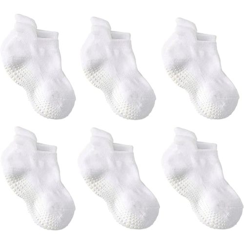 LA ACTIVE Non Slip Grip Ankle Boys and Girls Socks with Non Skid for Babies Toddlers and Kids Back to School - 0-3 Months - White - 6 Pairs