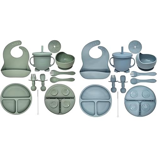 Baby Led Weaning Bundle – 20-Piece Silicone Feeding Set (Army Green & Sky) | Complete Toddler Mealtime Kit with Plates, Bowls, Bibs, Cups & Utensils for Self-Feeding
