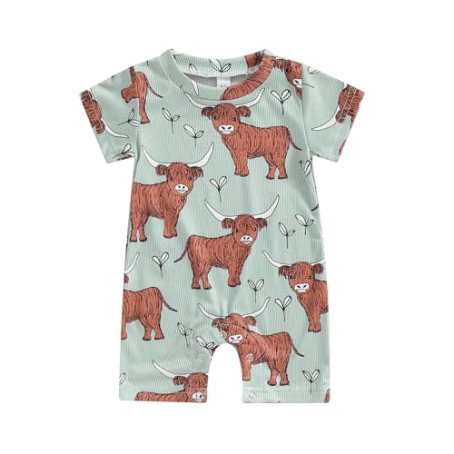 Gueuusu Country Baby Clothes Boy Girl Western Cow Print Short Sleeve Romper Bodysuit Ribbed One Piece Jumpsuit Summer Outfit