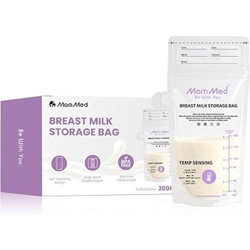 MomMed Breast Milk Storage Bags with Color-Changing Temperature Indicator - 6oz Self-Standing No-Leak Freezer Bags, Locking Clamp & Pour Spout, Space-Saving Flat Profile, BPA-Free (200 Count)