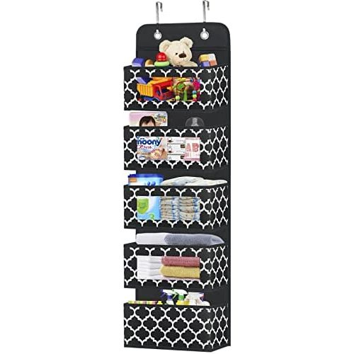 Over the Door Hanging Organizer - Nursery 5 Window Pocket Storage Organizer with 2 Thick Hooks for Baby Clothes, Diaper, Cruise, Pantry, Bathroom, Cabinet, Kitchen 12.2” 5” 49.6” HOMYFORT (Black)