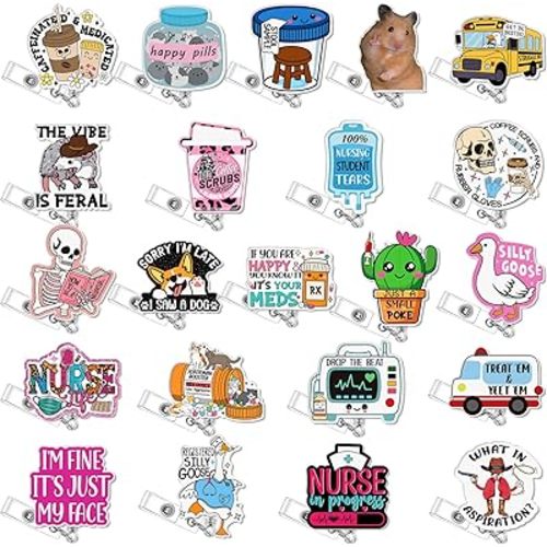 24 Pcs Funny Badge Reel Nurse Cute Retractable Name ID Clip Badge Holder for Doctor Student Medical Assistant Coworker Work Accessories Bulk Gifts(Nuse Style)