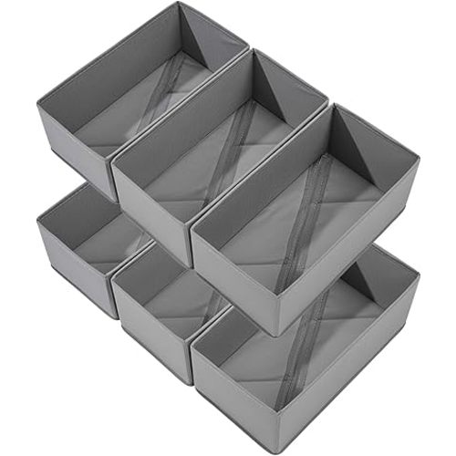 Bructhun Sock Drawer Organizer 6 Pack - Collapsible Fabric Storage Bins for Underwear Divider, Small Closet Organizers with 6 Compartments, Gray