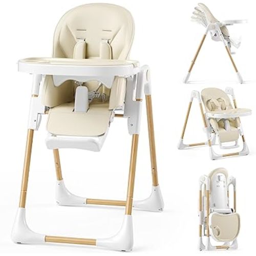Kinder King Convertible High Chair for Babies & Toddlers, Adjustable Baby Feeding High Chair with Removable Double Tray, Simple Compact Fold for Space-Saving, 2 Built-in Wheels, Easy to Clean