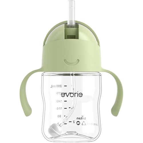 Evorie Tritan Weighted Straw Sippy Cup with Handles for Baby and Toddlers, Spill Proof Baby Water Bottle with Straw for 6 months and up, 7 Oz, Infant Training Water Bottle (Light Matcha)