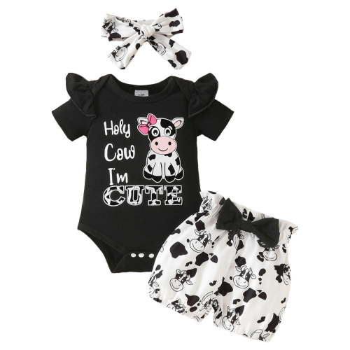 Povozer Baby Girl Clothes Summer Cowgirl Outfits Ruffle Newborn Infant Romper Print Bloomer Shorts Headband 3 Piece Set 0 3 6 9 12 18 24 Months for 3-6 Months,Black