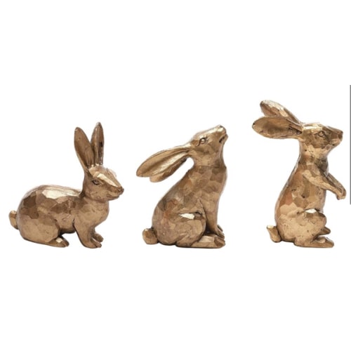 DN DECONATION Golden Polyresin Bunny Decor Rabbit Figurines, Easter Bunny Statue Set of 3 for Spring Tabletop Decor