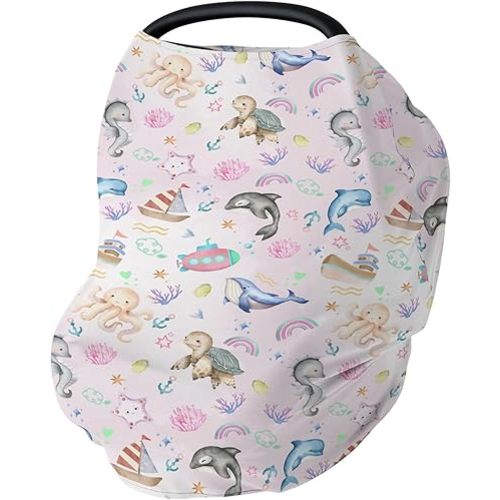 Cute Sea Animals Car Seat Cover for Baby Turtle Whale Dolphin Starfish Coral Rainbow Stretchy 5-in-1 Cover Marine Adjustable Car Canopy Cover Ocean Animal Breathable Nursing Cover-Up Pink